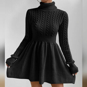 Cable Knit Turtleneck Sweater Dress